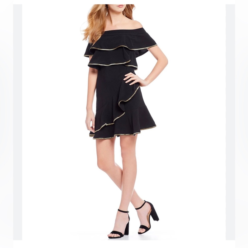 One-Shoulder Black Ruffle Dress with Gold-Edge Trim
